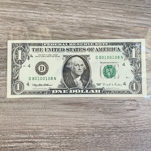 $1 Federal Reserve One Dollar Bill Radar Note Series 1995 D 80100108 N US Money